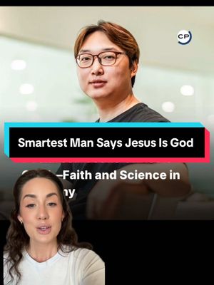 The cover image is a vertical video frame with a split composition. The top half includes a picture of an Asian man wearing glasses, with a text overlay in a black and pink banner that reads "Smartest Man Says Jesus Is God". Below this, a woman appears talking to the camera, half of her face visible.