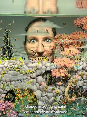 A composition combines multiple layers of imagery to create a surreal, artistic effect. The main subject is a woman's face, with wide, surprised eyes, prominently displayed in the center. Overlaid on the face is a network of tiny birds, creating a sense of motion and complexity. Behind the woman's face, there's what appears to be a transparent or translucent layer, reflecting the suggestion of a higher shape to it. The lower portion of the image features a rock wall, suggesting a garden or natural setting, accompanied by a colorful array of flowers and foliage in hues of pink, orange, yellow, and green. The overall visual impact communicates a whimsical and detailed composition, with a focus on vibrant colors and intricate layering. At the bottom there is additional text.