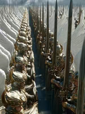 An epic image depicts a large, symmetrical formation of heavenly figures, resembling an army. On both sides, rows of armored figures, each with helmets, wings, and holding swords, face each other. The background is a bright, diffuse light.