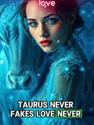 A digitally created image of a woman embracing a large blue-toned bull against a celestial background. The woman, with fair skin, red lipstick, and blue eyes, gazes at the viewer with a composed expression. She wears a flowing, blue-hued dress with snowflake-like patterns at the shoulders. The bull's head is positioned close to her face. The background has a soft, blurred ethereal blue tones. Text overlays at the top and bottom of the image read 'love' and 'TAURUS NEVER FAKES LOVE NEVER' respectively.