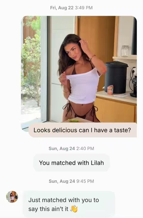 The image is a screenshot of a messaging app with a woman in a kitchen background, likely getting flirty messages, with other messages below.