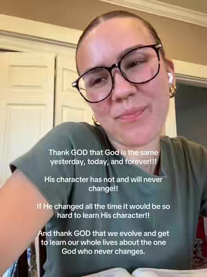A woman with her hair pulled back and glasses is looking at the camera with a slight smile. Text overlays on the image convey a message of faith.