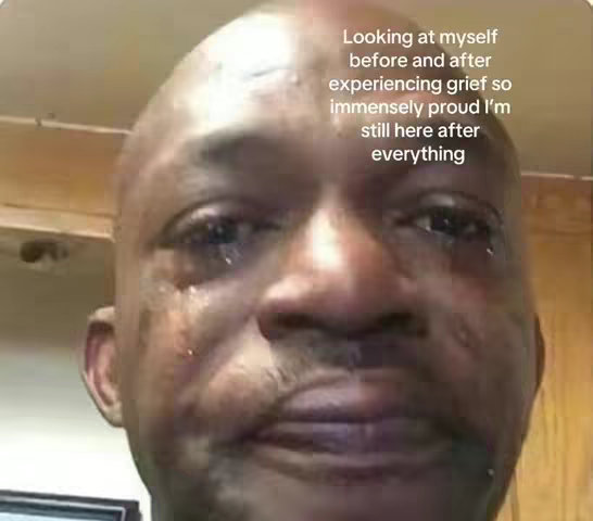 A close up shot of a man's face with tears streaming down his cheeks. The man appears to be bald with dark skin. The text overlay reads: "Looking at myself before and after experiencing grief so immensely proud I'm still here after everything."