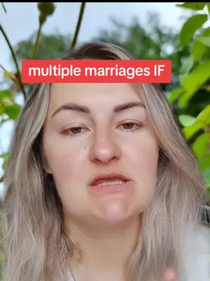 A woman with long blonde hair is centered in the frame, looking directly at the camera. A red banner with white text that reads "multiple marriages IF" overlays the image; the background is a mix of green foliage and an overcast sky.