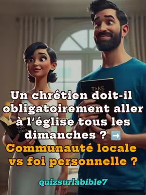 A digital illustration presents a man and a woman, seemingly a couple, each holding a book. Text overlays pose a question about church attendance and discuss local community versus personal faith. The background depicts a soft, blurred interior setting.