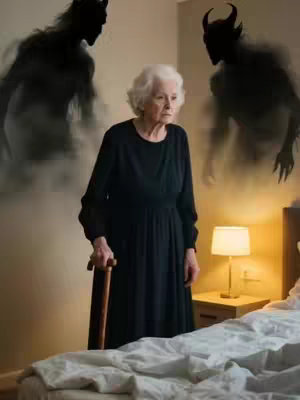 An elderly woman with white hair and a black dress stands in a bedroom, looking down with a concerned expression. Behind her, shadowy figures with horns and menacing expressions float in the air. The room has a neutral color palette, with a wooden cane in her hand. A bedside lamp casts a warm glow, contrasting the dark figures that evoke a sense of unease and entrapment. The bed is partially visible.