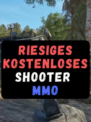The cover image displays a first-person view of a video game, with a gun visible in the foreground and trees and sky in the background. A large black rectangle with white and red text overlays the scene, advertising "RIESIGES KOSTENLOSES SHOOTER MMO."