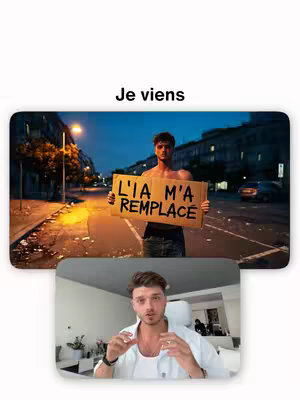 The cover image is a split screen with a top and bottom section. The top half shows a man holding a cardboard sign with French text 'L'IA M'A REMPLACE' (AI has replaced me) in an urban setting at dusk. The bottom half features a man facing the camera directly in an indoor setting.