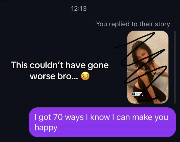 The cover image showcases a dark background with chat bubbles. The main element is a screenshot of a messaging app. The other screenshot of a person is partially covered with a black line, the timestamp is in the upper left corner. The chat bubbles have different colors such as black ,white and purple with text, and emojis.