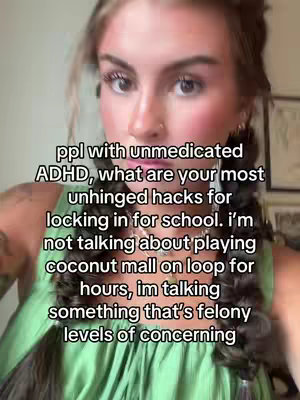 A woman in a green top is centered in a selfie-style video. The background is slightly out of focus, suggesting a room interior. Text overlays the video in a white sans-serif font, posing a question about ADHD hacks.