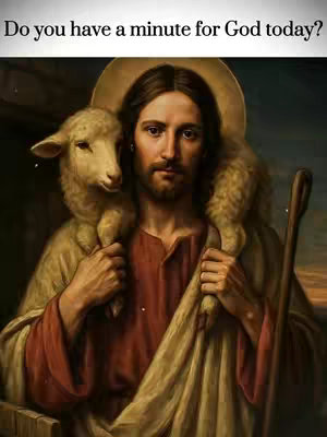 The image features a classical depiction of Jesus Christ, with long brown hair, a beard, and a halo. He is holding a lamb over his shoulders. The background is a muted earthy color, and the overall composition evokes a religious and serene atmosphere.