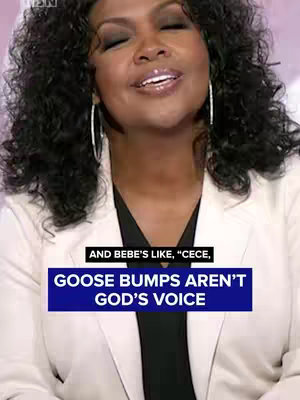 A medium shot of Oprah Winfrey looking up and to the right with her eyes closed, wearing a white blazer over a black top. Curly black hair frames her face. Below is a dark blue rectangular text overlay with white text.
