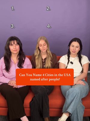 The image shows three young women sitting on an orange couch against a purple background. A large orange rectangle with white text is layered on top of them.