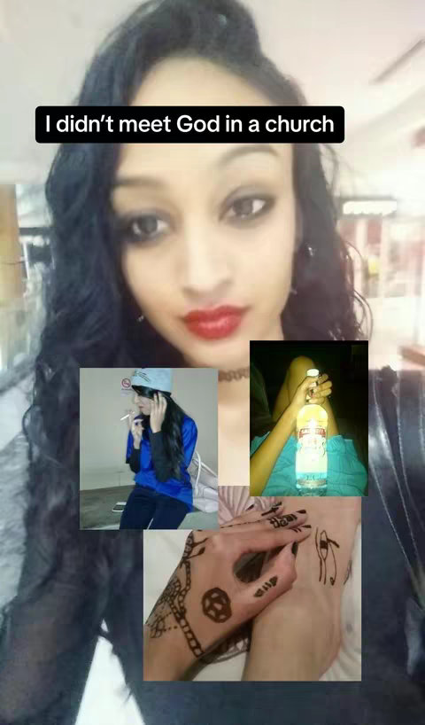 The cover image shows a young woman with long dark hair and red lipstick. In the foreground, there are several smaller images overlaid: one of the same woman smoking, another of a woman with a bottle, and a close-up of hands with henna. A text overlay reads, "I didn't meet God in a church."
