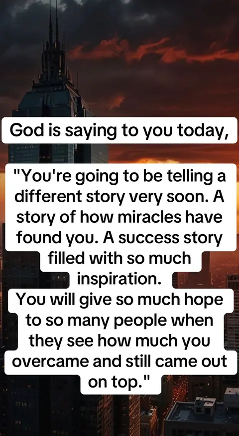 The image displays text overlaid on a skyscraper silhouette against a dramatic sky with vibrant orange and dark clouds. The text is enclosed in white boxes, presenting a motivational message.
