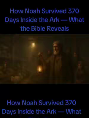 The image is a vertical video screenshot. The overlay text in two lines at the top is in a dark purple font, set against a plain black background. The image background shows the interior of the ark: a dimly lit interior of the ark, with an older man as the focus, holding a latern. Several people are gathering around him.