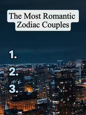 An image of a cityscape at dusk or night, featuring tall buildings illuminated with lights. Overlaid at the top is a white banner with the text 'The Most Romantic Zodiac Couples' in black. Below the banner are the numbers '1.', '2.' and '3.' in white. The overall composition is vertically oriented, suitable for a mobile or social media post.
