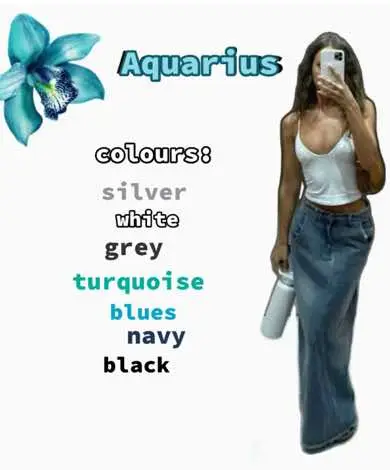 An image featuring a woman taking a selfie, the text describes the Aquarius colors, in the left top corner there is a blue flower.
