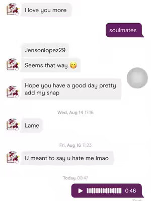 The image is a screenshot of a text message exchange on a dating app, overlayed with text and a voice message element. The color scheme is light with white chat bubbles.