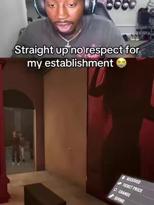 A man with headphones is looking at the camera with an expression of surprise or mild shock. Above him is a text overlay: "Straight up no respect for my establishment" and a small, teary-eyed emoji. The background shows a virtual nightclub scene.