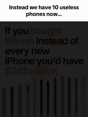 The image is a graphic that compares investing in Bitcoin versus buying iPhones. The top of the image has the text: 'Instead we have 10 useless phones now...', Below, the text reads: 'If you bought Bitcoin instead of every new iPhone you'd have $242 million.' Below the text is a gradient bar with different colored rectangles, presumably representing the iPhones.