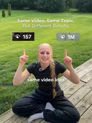A woman sits cross-legged on wooden planks with a green lawn background, pointing upwards. Text overlays show the video's concept, and visual stats are displayed.