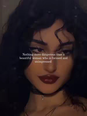 Close-up portrait of a woman with dark hair and makeup. The image has a soft focus, with a quote overlayed on it.