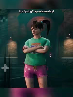 A digital illustration depicts a young woman standing in a shadowed alleyway. She's wearing a green t-shirt and pink shorts with a distinctive hairstyle. The text overlay reads, 'It's SpringTrap release day!'.