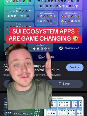 A man in a green shirt is smiling while pointing upwards. A colored diagram of apps on a dark background is situated behind him, with red text overlayed.