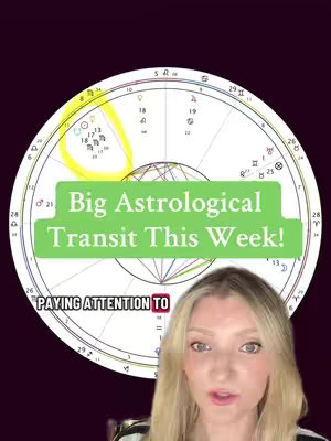 The cover image features a light-skinned woman with long blonde hair and blue eyes, framed slightly from the chest up. She is positioned against a backdrop showing a circular astrological chart. The background has a dark, deep purple hue, which accentuates the vibrant content that includes a yellow highlight near the top and a green background over the central text overlay. The woman is looking straight at the camera. The text overlay is in a green rectangle which reads, "Big Astrological Transit This Week!"; a line below it reads "PAYING ATTENTION TO"