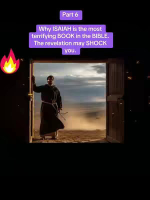 The image presents a dramatic scene: a man in a dark robe stands in a doorway, his hand on the frame, with a vast, bright landscape behind him. Overlay text in a framed box reads, 'Part 6 Why ISAIAH is the most terrifying BOOK in the BIBLE. The revelation may SHOCK you.' A fiery flame graphic is in the corner.
