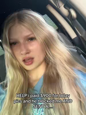 A young woman with long blonde hair is shown from the chest up, sitting inside a car. She has a slightly distressed expression, and text overlays at the bottom of the image.
