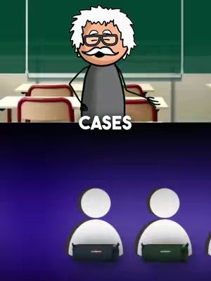 The cover image is split into two main sections. The top half features a cartoon image of a teacher, drawn with a white mustache, glasses, and quirky hairstyle, positioned in a classroom setting, with a green chalkboard in the background. Below the teacher's image is the word "CASES" written in bold white letters. The bottom half of the image shows multiple white silhouette figures with a dark object that looks like a laptop. The background is a gradient of purple and blue.