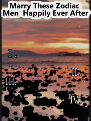 The image is a vertical composition featuring an open landscape with a sunset or sunrise. The sky is a gradient of orange and yellow hues, suggesting either dawn or dusk. Below, there's a depiction of water and a shore with rocks and ripples, which are dark and silhouetted against the bright horizon. Overlaying this natural scene are four numbered labels (I, II, III, IV) in white, presumably to denote points of interest or choices related to the content. The overall aesthetic is warm and inviting.