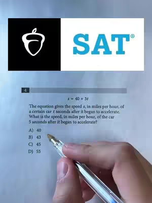 The image shows a test question about a car's speed, along with the SAT logo and a hand holding a pen. The background is a blurred image.