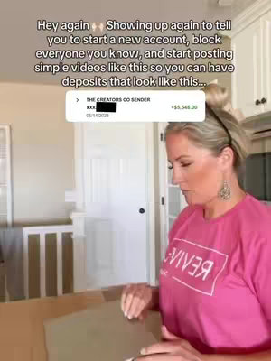 A woman stands in a kitchen, looking towards the camera. Text overlays highlight a deposit notification. A receipt is shown with $5,545.00 in deposits from The Creator's Co.