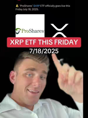 A man with fair skin and light-colored hair is centered in the frame, smiling and pointing upwards with his right index finger. Above him are text elements, including the announcement of an upcoming XRP ETF, logos, and the date '7/18/2025' in a bold, white font against a red banner. The background is a solid black.