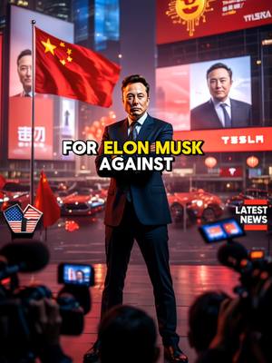 The image features Elon Musk standing in front of a cityscape with large screens displaying images of himself and the Tesla logo, and a Chinese flag is also present. Text overlays read "FOR ELON MUSK AGAINST" with cameras and people in the foreground.