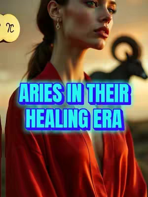 A woman with dark hair partially visible on the left side of the image, wearing a red garment. The text "ARIES IN THEIR HEALING ERA" is overlaid on the image, the Aries ram symbol is visible in the background facing away.