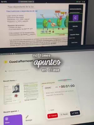 The cover image shows a laptop screen displaying notes and a video call, with overlay text. The laptop is open to an app interface. The text overlay reads, "no tomes apuntes en clase." A timer reads 00:01:00.