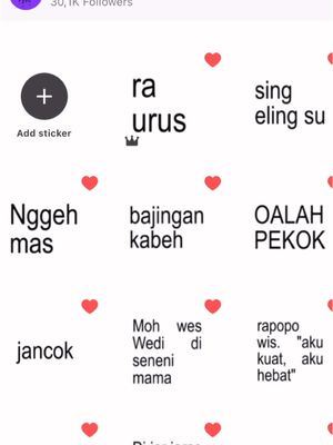 The cover image is a white background with nine text bubbles and several small red heart shapes scattered around. The text bubbles are in a black sans-serif font, and each contains a phrase in Javanese. At the top left is a round button with a plus sign, and a text that says 'Add sticker'.