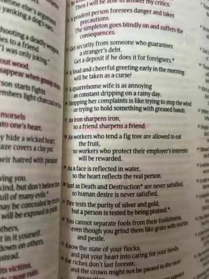 An open Bible page showing the text of Proverbs 27:17. The text is in a serif font in black ink on yellowed paper. The shot is slightly angled, with the text visible in the left and partially right side, while the paper is slightly open.
