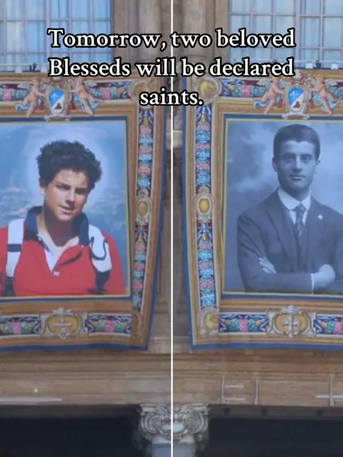 The image is a vertical split screen. On the left, a portrait of a young man in a framed picture, wearing a color with red collar. On the right, the portrait of another young man. Above, the text 'Tomorrow, two beloved Blesseds will be declared saints.'