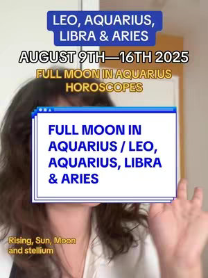 A vertical video cover image with a female creator, partially visible, with a layered text overlay about horoscopes. The layout features text in blue and white boxes against a background of the creator's face.