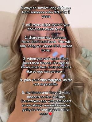 A selfie-style vertical video image. A young woman with long blonde hair is in the center, her face and upper body fill most of the frame. She is holding her hand up to her mouth and a list of text overlays appear at the top of the screen. The colors are generally soft, with a focus on the woman's skin tone and hair, and text has a black font color