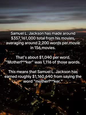 An aerial view of a city at dusk or dawn, with multiple lines of text overlaid. The sky transitions from dark blue to orange at the horizon, and city lights illuminate the buildings below. White text is centered on the screen, providing statistics about Samuel L. Jackson's movie earnings and use of the word "motherfucker."