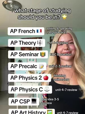 A vertical image featuring a young woman with blonde hair. To the left, a list of AP subjects is displayed against a light turquoise background, with the woman’s face partially visible on the right, partially obscuring the list.