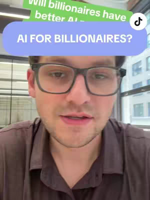 A medium shot features a man with short brown hair, glasses, and a dark shirt, looking directly at the camera. Overlaid on the frame are text boxes, with a green one at the top asking a question and a purple one in the middle providing additional text. The background is a slightly blurred view of windows and building shapes.
