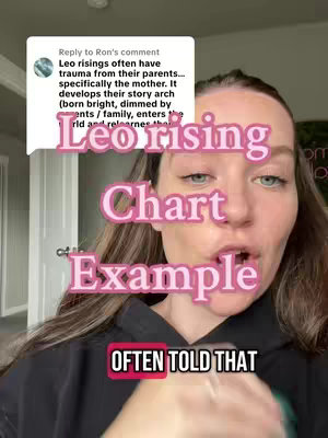 A woman with light skin and brown hair is centered in the frame, looking directly at the camera with a slightly open mouth, as if she’s mid-sentence. The background is slightly blurred, and appears to be a living room. Overlaid on the image are large text elements reading "Leo Rising Chart Example," in alternating pink and white colors that are stylized. Additionally, a text box is visible, and a caption overlays the lower third of the image. The woman is wearing a dark hoodie, and the photo generally presents a clear, direct, and slightly informal aesthetic.