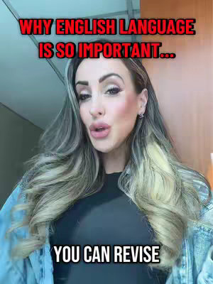 A woman with long wavy blonde hair is centered in a medium shot, against a muted background of a ceiling and wall. She appears to be speaking, with her mouth slightly open. Bold red text overlays the top of the image that says, "WHY ENGLISH LANGUAGE IS SO IMPORTANT..." and white text at the bottom reads, "YOU CAN REVISE". She wears a black top and denim jacket. 